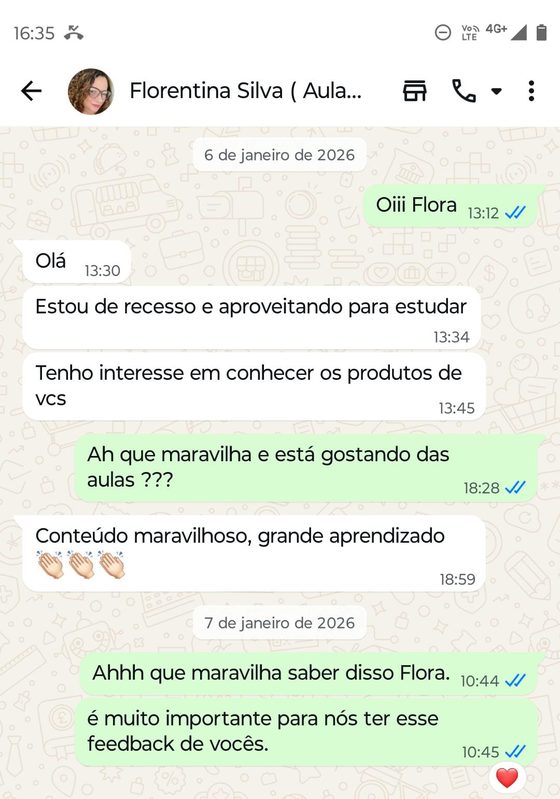 Depoimento de aluna no WhatsApp: conteúdo maravilhoso, grande aprendizado