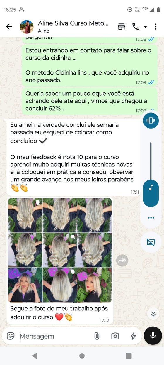 Depoimento de aluna no WhatsApp: nota 10 para o curso, com fotos dos loiros realizados após o método